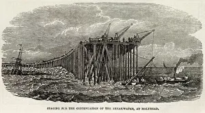 Breakwater Prints: Staging for the continuation of the Breakwater at Holyhead. Date: 1853
