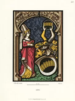 Regnier Gallery: Stained glass window portrait of a lady with armorial