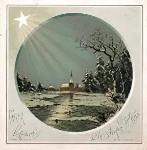 Starlit snow scene with church on a Christmas card