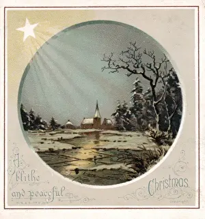 Starlight Prints: Starlit snow scene with church on a Christmas card