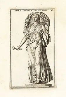Torch Prints: Statue of Roman moon goddess Luna holding a torch