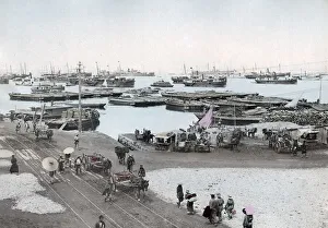 Hakodate Prints: Steam ships in the harbour, Hakodate, Japan, c. 1890 Vintage late 19th century photograph