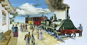 Trips Prints: Steam train arriving at a station at the beginning