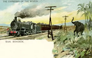 Thailand Prints: Steam train in the Bangkok area, Siam (Thailand)