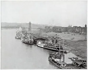 Cincinnati Prints: Steamboats on the Ohio river on the Cincinnati river front. Date: circa 1895