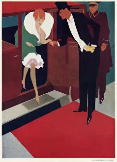 Images Dated 27th July 2017: Stepping on a red carpet, 1920s couple in evening dress