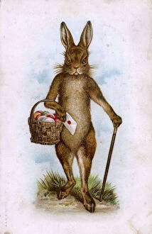 A rather stern-looking Easter bunny delivering cards & eggs