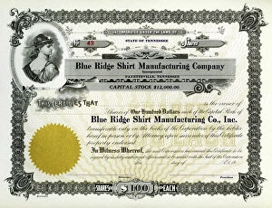 Images Dated 27th April 2018: Stock Share Certificate - Blue Ridge Shirt Manufacturing Co
