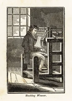 Labor Prints: Stocking weaver seated at a loom in a workshop