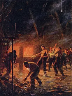 Falkland Prints: Stokers feed the furnaces of HMS Kent while she pursues the German ship Nurnberg after the Battle of the Falkland