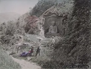 Idols Prints: Stone idols statues Hakone, woman in carrying chair, kago