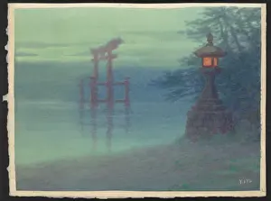 Torii Prints: Stone lantern on shore and a torii in a lake