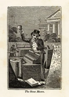 Labor Prints: Stone mason carving a stone cornice with mallet and chisel