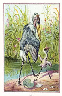 Hatched Prints: Stork and newly hatched chick on a New Year card