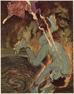 Demons Prints: The Story of the Three Calendars. The Princess burns the efrite to death. Date: 1914