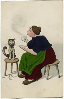 Housewives Prints: A stout, jolly housewifes enjoys a mid-morning cup of tea