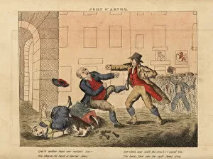 Street brawl between two men in a 19th century town