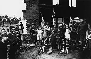 Bunting Prints: Street celebration with flags, VE Day