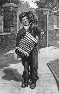 Concertina Prints: Street music: A concertina player with monkey friend, c. 1890