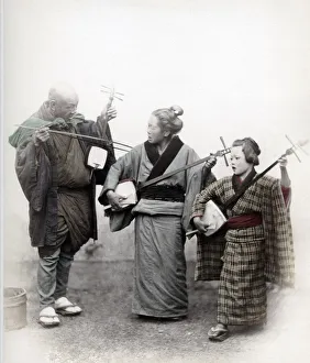 Street musicians, Japan, 1860 s, shamisens Vintage late 19th century photograph