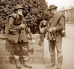 Bagpipes Prints: Street musicians with a monkey, Victorian period