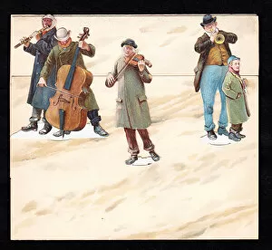 Five street musicians on a movable greetings card