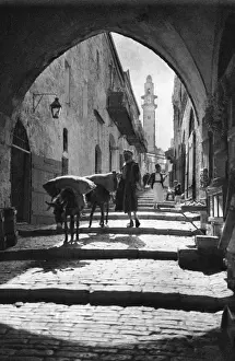 Archway Prints: Street with people and donkeys, Jerusalem