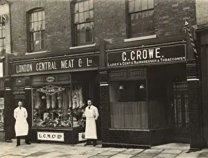 Barbershop Prints: Street Scene - Butchers and Hairdresser / Tobacconist