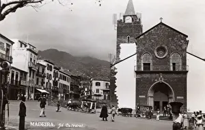 Funchal Prints: Street scene with Cathedral, Funchal, Madeira