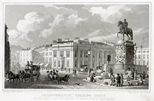 A street scene in Charing Cross showing someone using a water pump. Date: 1828
