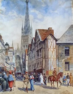Images Dated 11th March 2009: Street scene in Rouen 1916 with Cathedral in the background