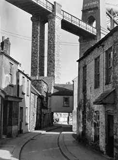 Plymouth Prints: Street scene with Royal Albert Bridge, Saltash, Cornwall