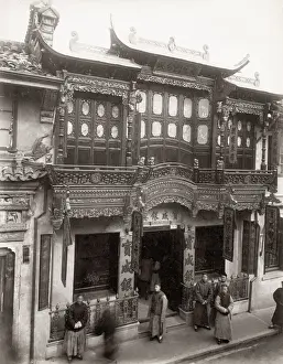 Shanghai Prints: Street scene in Shanghai China, ornate building facade