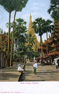 Street scene and Shwe Dagon Pagoda, Rangoon, Burma