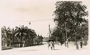 Rickshaws Prints: Street scene and Shwe Dagon Pagoda, Rangoon, Burma
