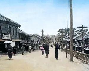 Wines Prints: Street scene with wine shop, Kobe, Japan