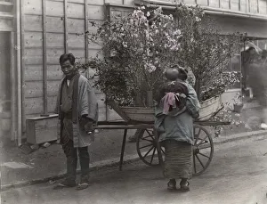 Jinrikisha Prints: Street seller vendor with a barrow of flowers, Japan