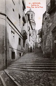 Girona Gallery: Street of steps with church, Girona, Catalonia, Spain
