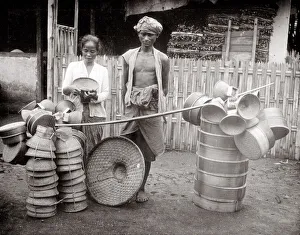 Street vendor Batavia Indonesia with pots and baskets