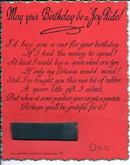 Strip of rubber with comic verse on a birthday card