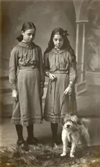 Faversham Prints: Studio portrait, two girls with terrier dog