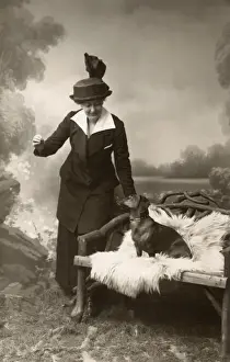 Dachshund Prints: Studio portrait, woman with dachshund
