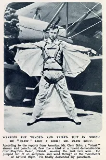 Stunts Prints: Stuntman Clem Sohn pictured in his winged and tailed suit in which he jumped out of an aeroplane