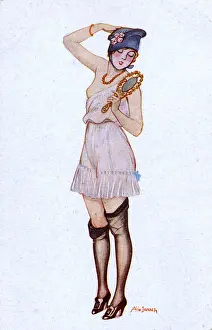Stylish French Girl in revealing negligee with hand mirror