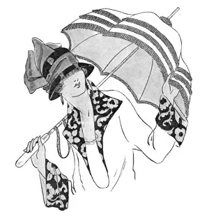 Sunshades Prints: Stylish lady holding a long-handled sunshade / parasol