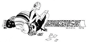 Peto Collection: Stylish young lady writing a letter sitting on cushions
