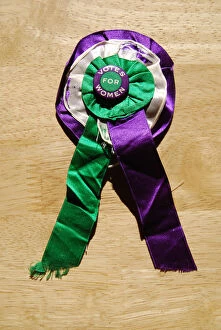 Images Dated 9th October 2013: Suffragette Badge on Rosette W. S. P. U