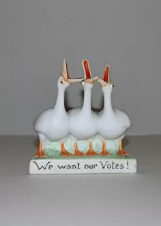 Images Dated 17th October 2013: Suffragette Geese Votes Ceramic Figurine