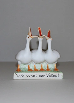 Images Dated 17th October 2013: Suffragette Geese Votes Ceramic Figurine