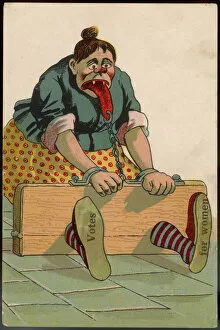 Suffragette woman in the stocks, unsympathetic cartoon
